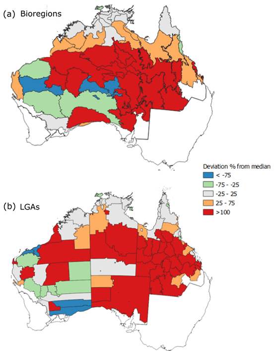 Deviation from 20-year median burnt area for bioregions and local government areas.
